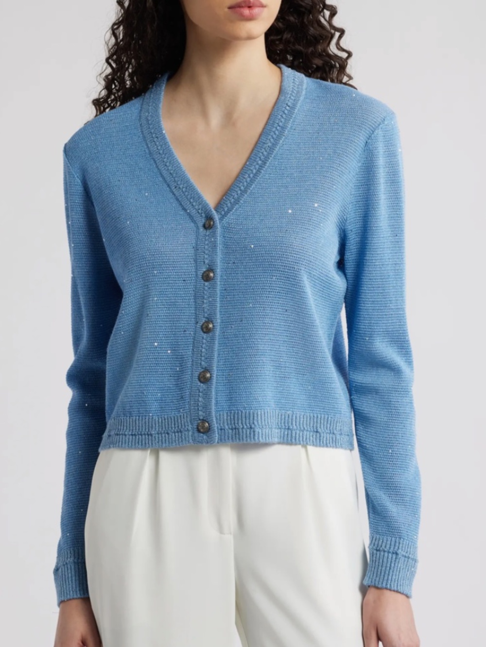 Kobi Halperin Med Anthia Sequin Button-Down Sweater in Lt Blue Sequins $398.00